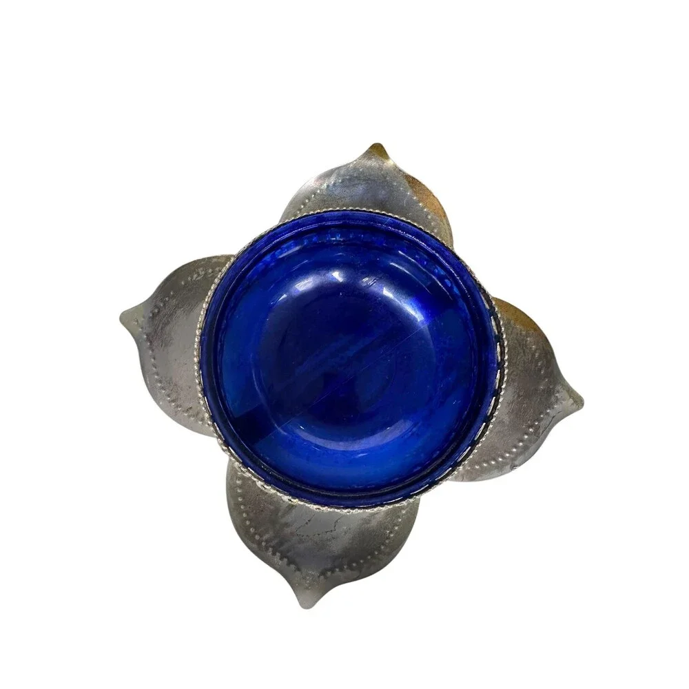 Vintage Cobalt Blue Glass Salt Cellar Insert Silver Filigree Lily Pad Holder